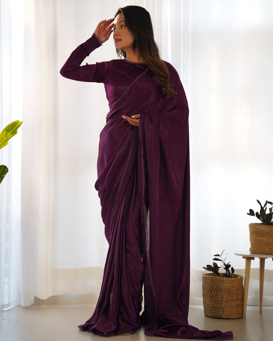 Royal Plum Velvet Ready-to-Wear Saree