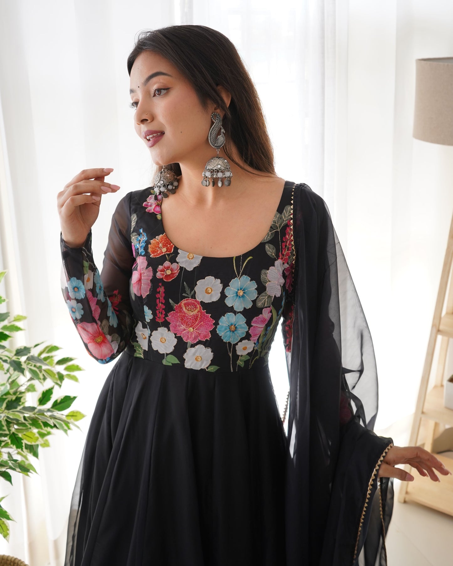 Floral Organza Silk Kali Anarkali Set with Dupatta