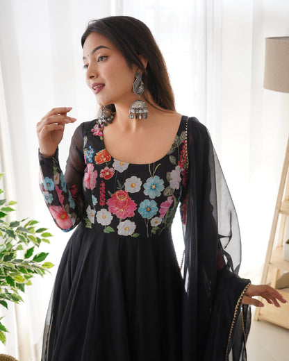 Floral Organza Silk Kali Anarkali Set with Dupatta