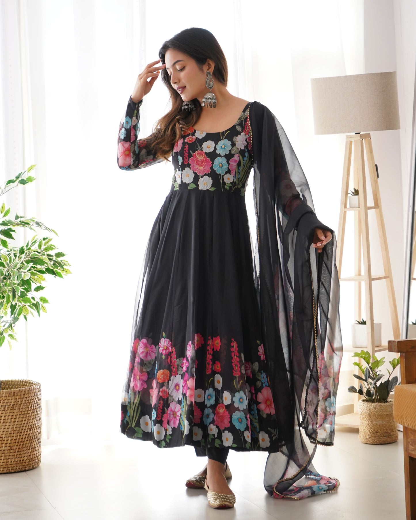Floral Organza Silk Kali Anarkali Set with Dupatta