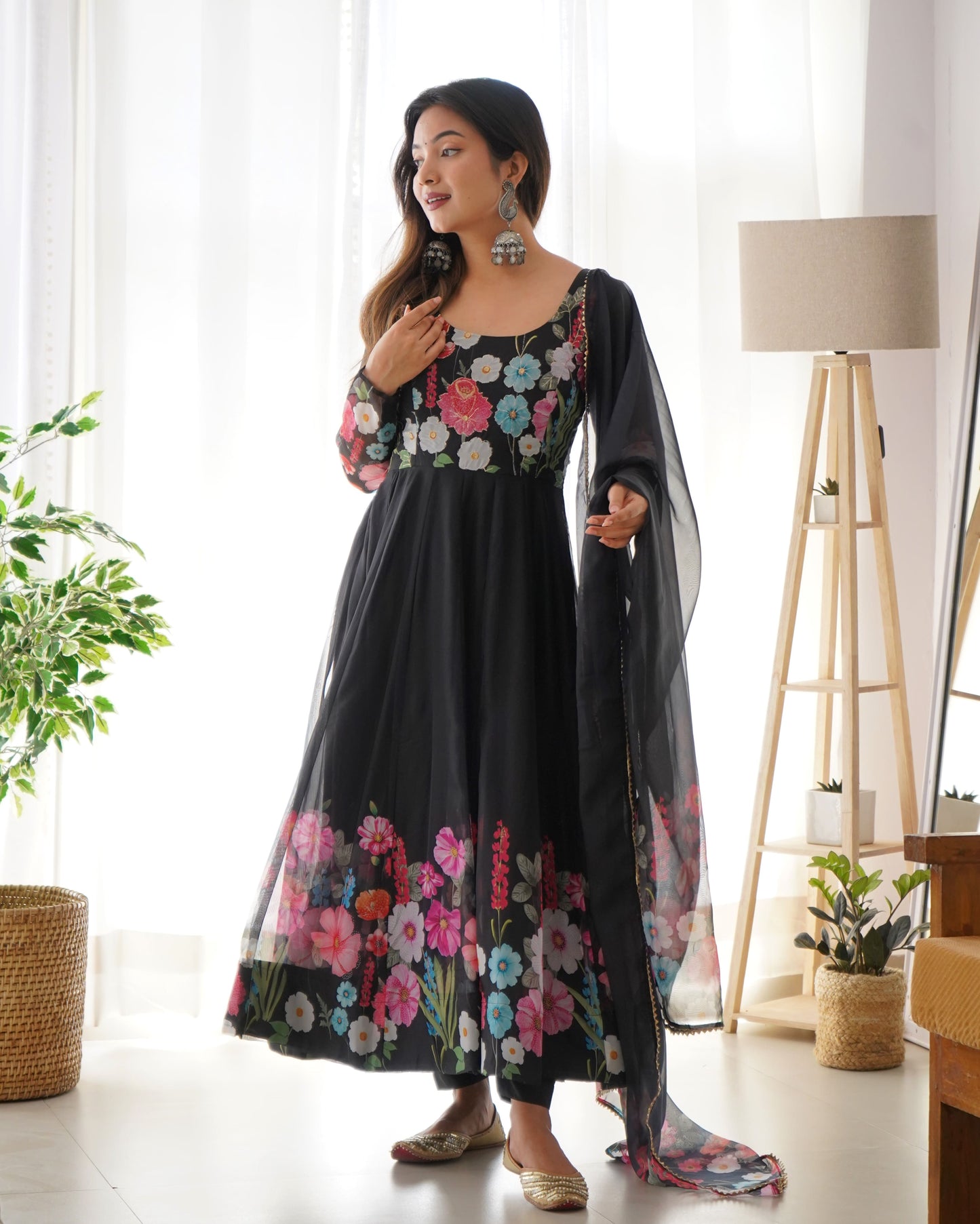 Floral Organza Silk Kali Anarkali Set with Dupatta