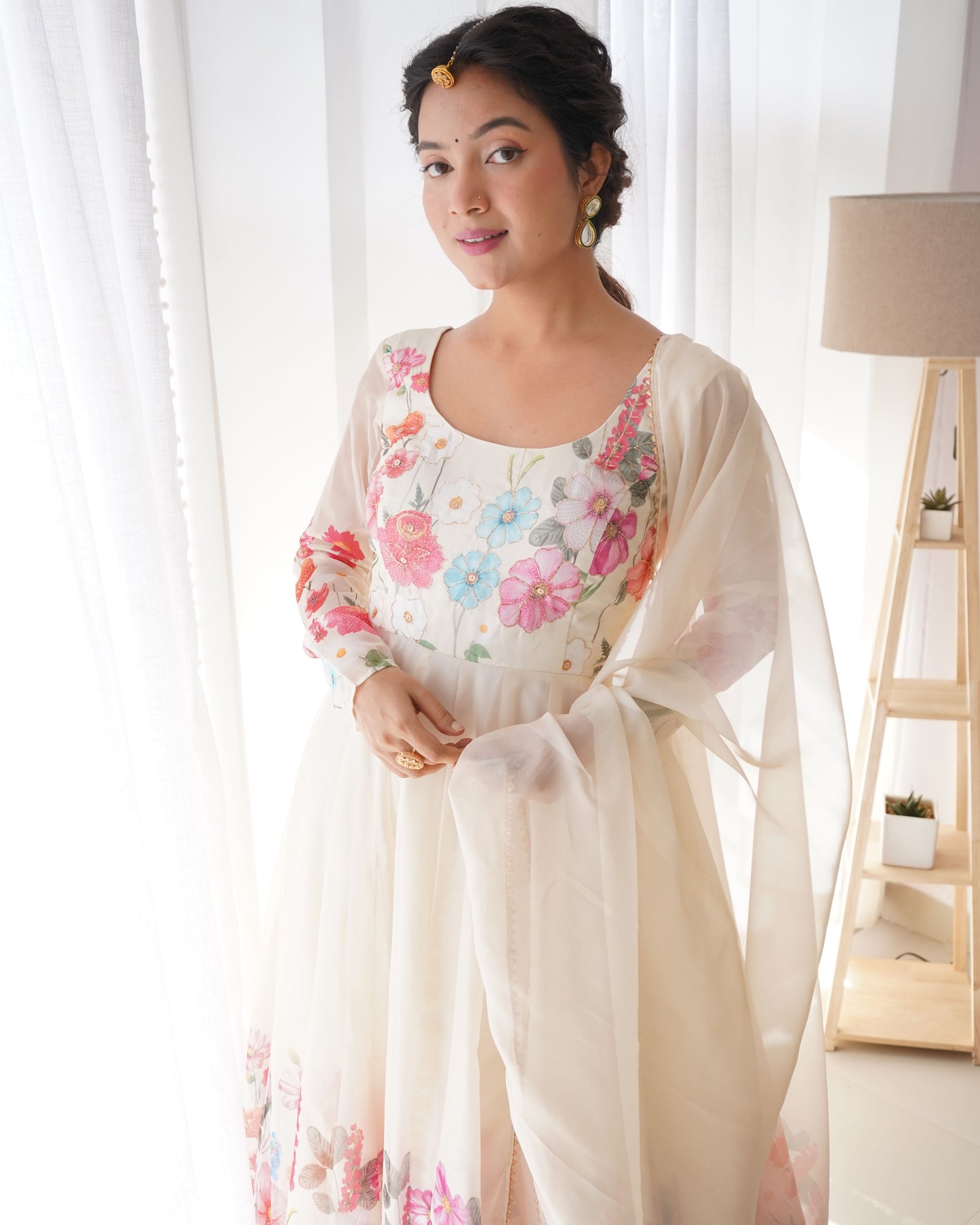 Floral Organza Silk Kali Anarkali Set with Dupatta