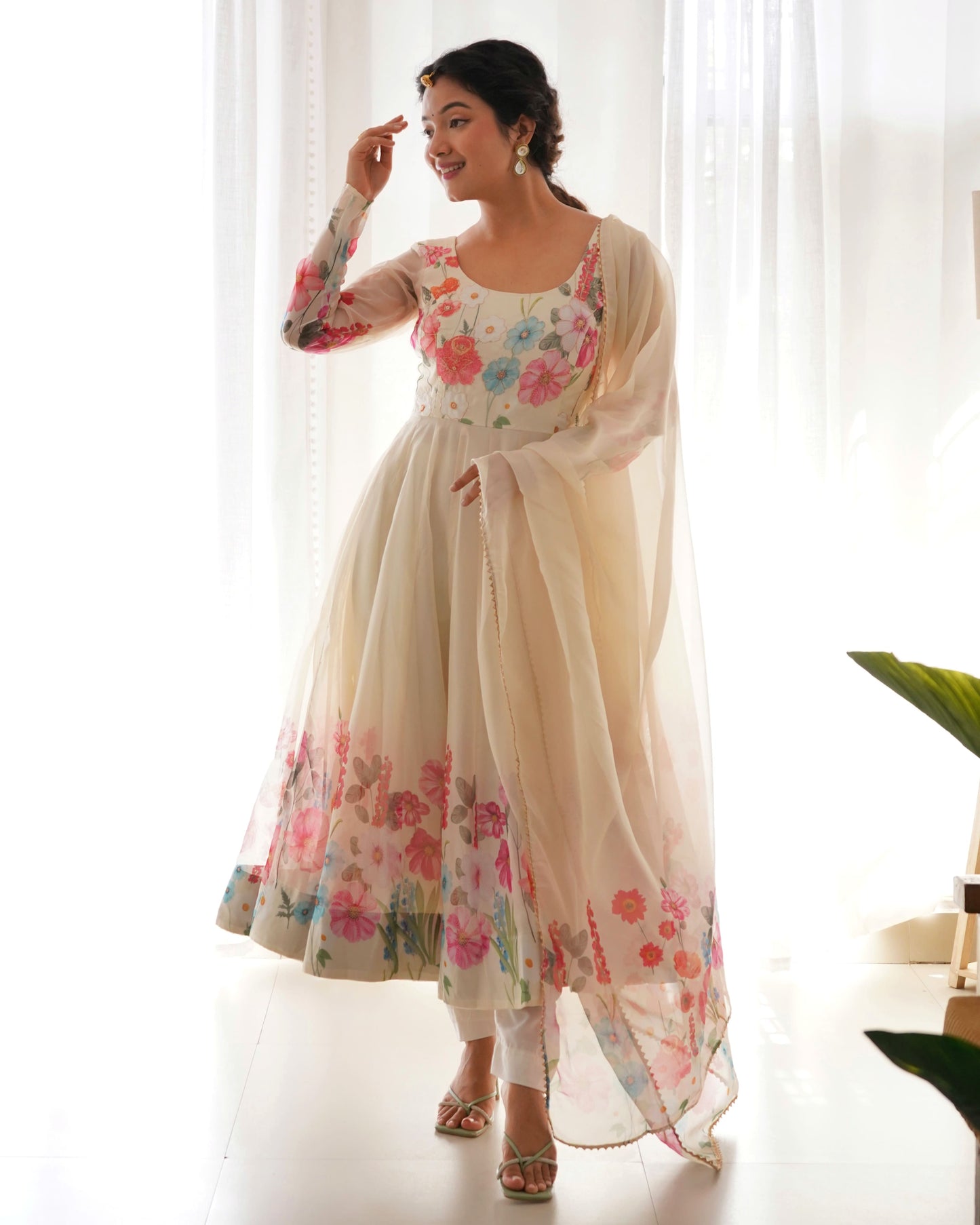 Floral Organza Silk Kali Anarkali Set with Dupatta