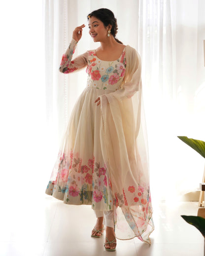 Floral Organza Silk Kali Anarkali Set with Dupatta