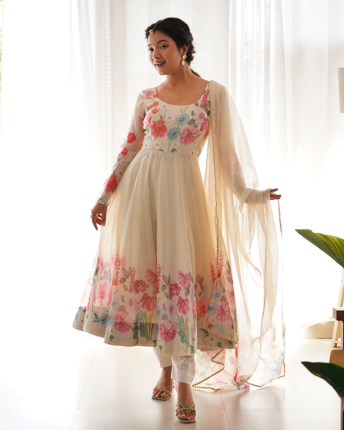 Floral Organza Silk Kali Anarkali Set with Dupatta