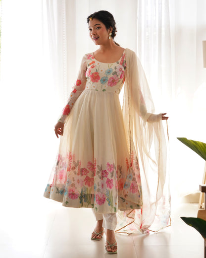 Floral Organza Silk Kali Anarkali Set with Dupatta