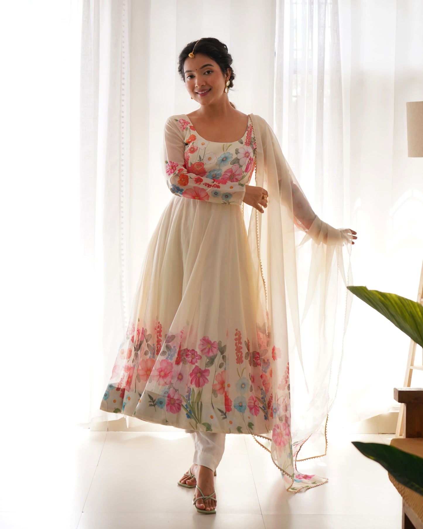 Floral Organza Silk Kali Anarkali Set with Dupatta