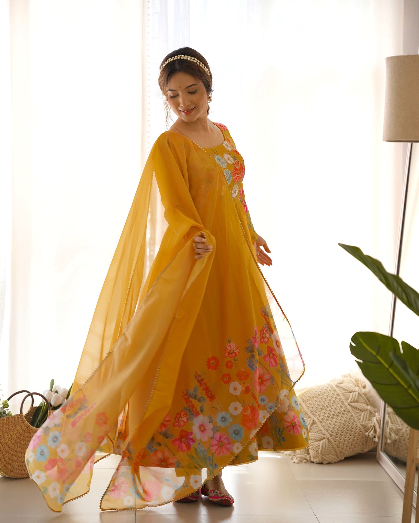 Floral Organza Silk Kali Anarkali Set with Dupatta