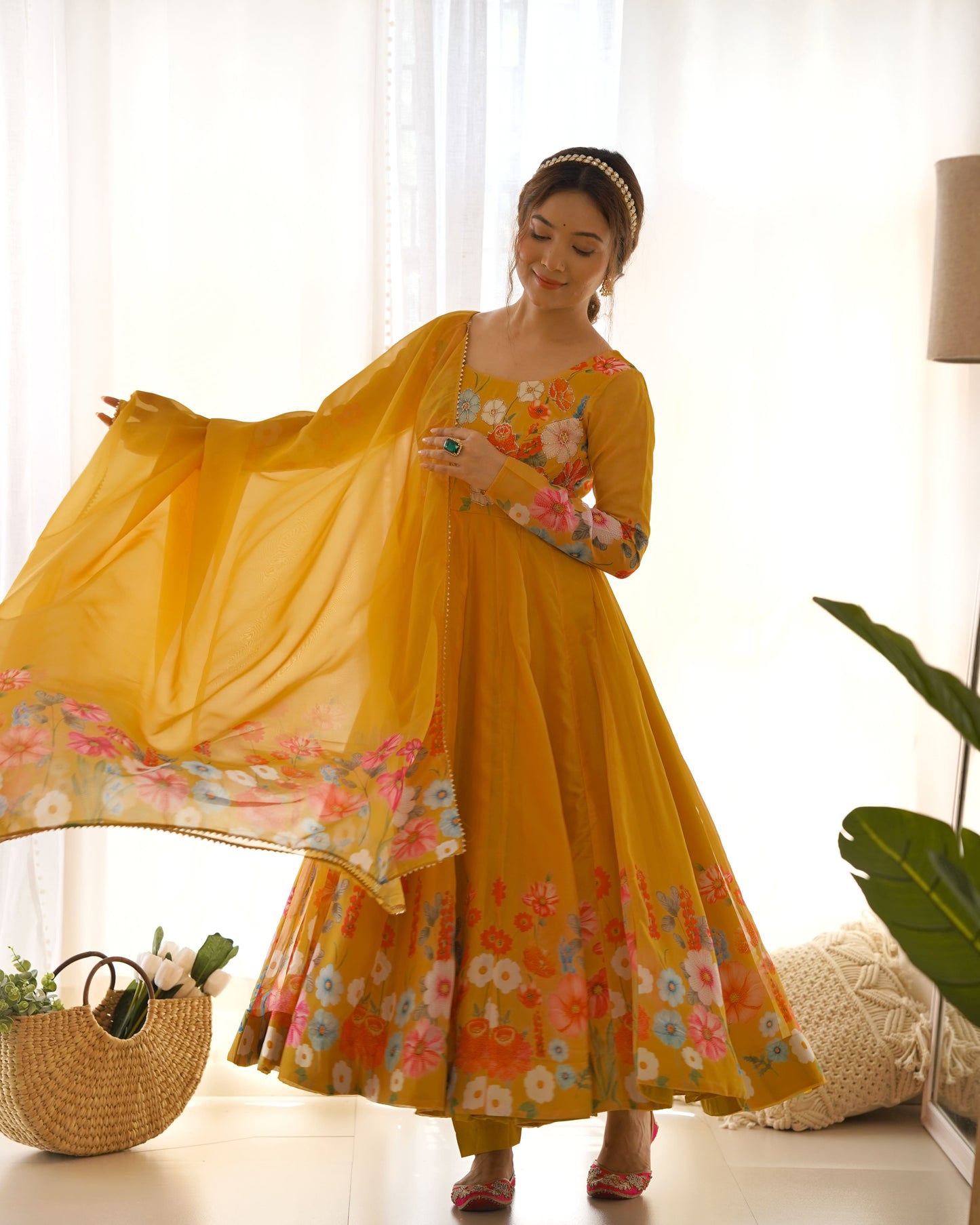 Floral Organza Silk Kali Anarkali Set with Dupatta