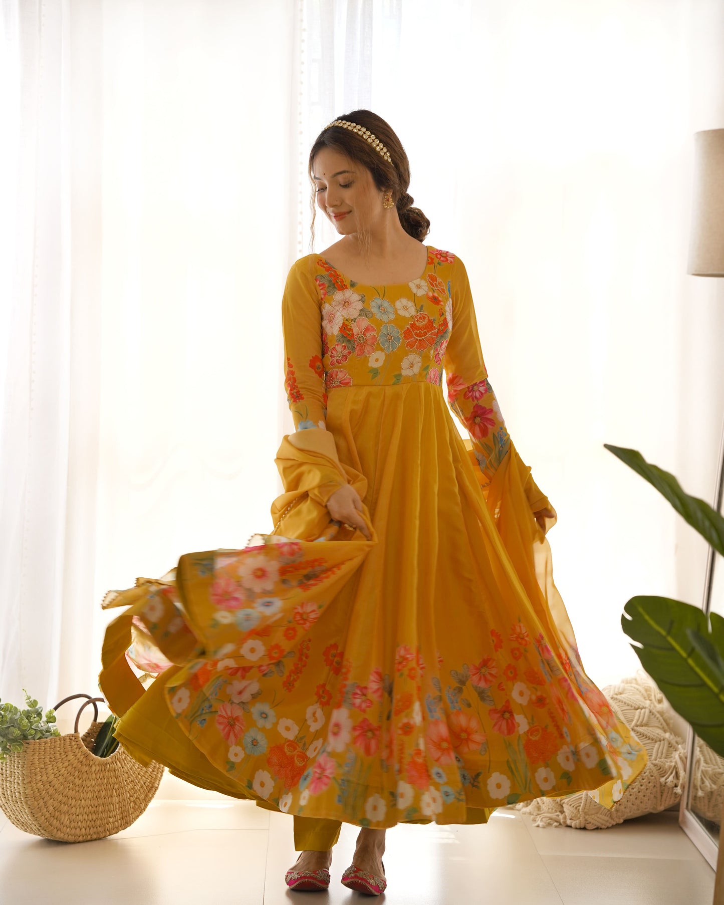 Floral Organza Silk Kali Anarkali Set with Dupatta
