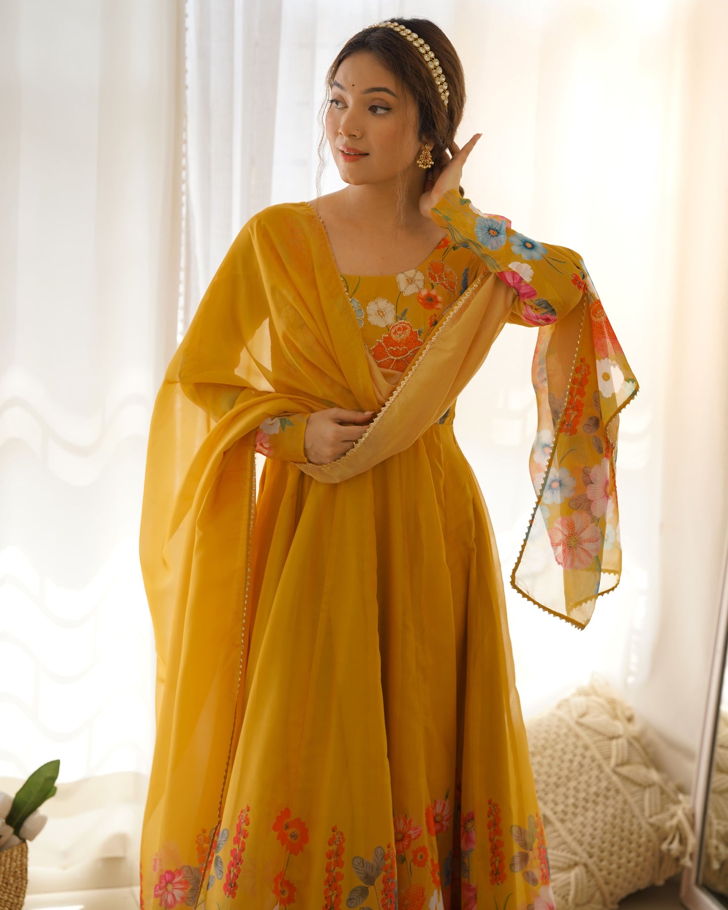 Floral Organza Silk Kali Anarkali Set with Dupatta
