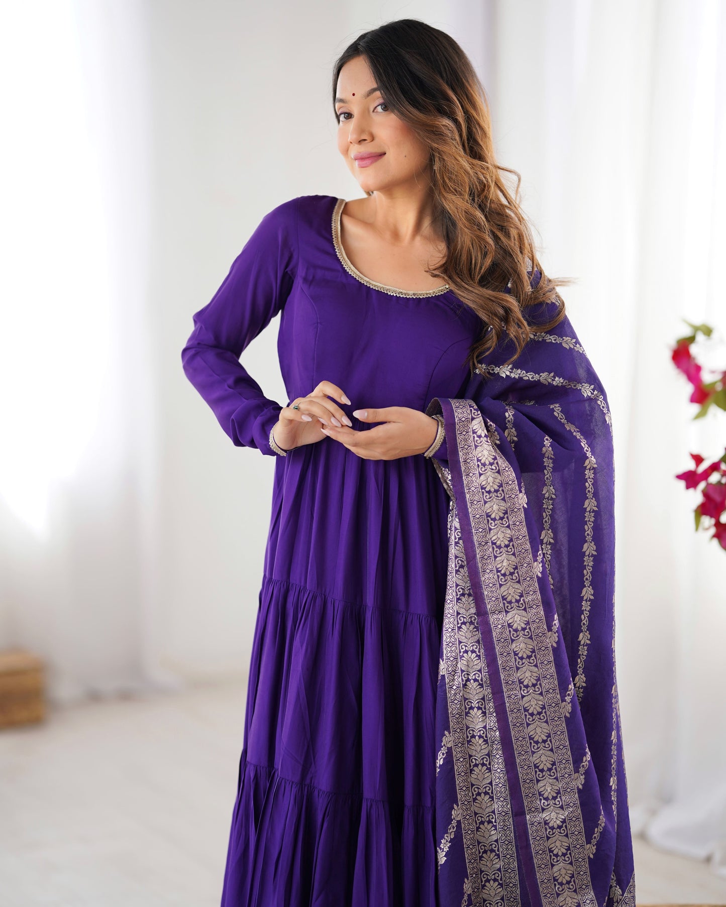 Tiered Anarkali Set in RomanSilk Chanderi with Brocade Dupatta