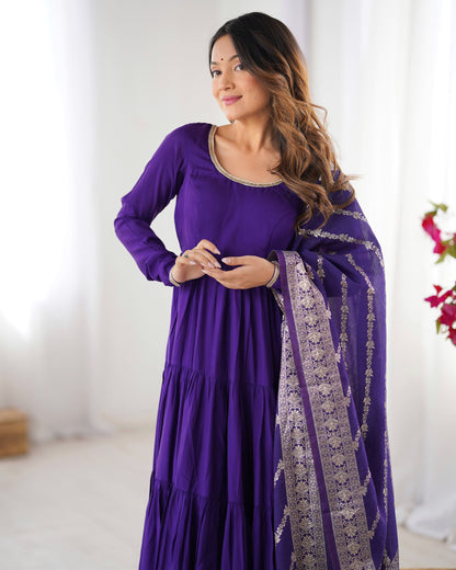 Tiered Anarkali Set in RomanSilk Chanderi with Brocade Dupatta