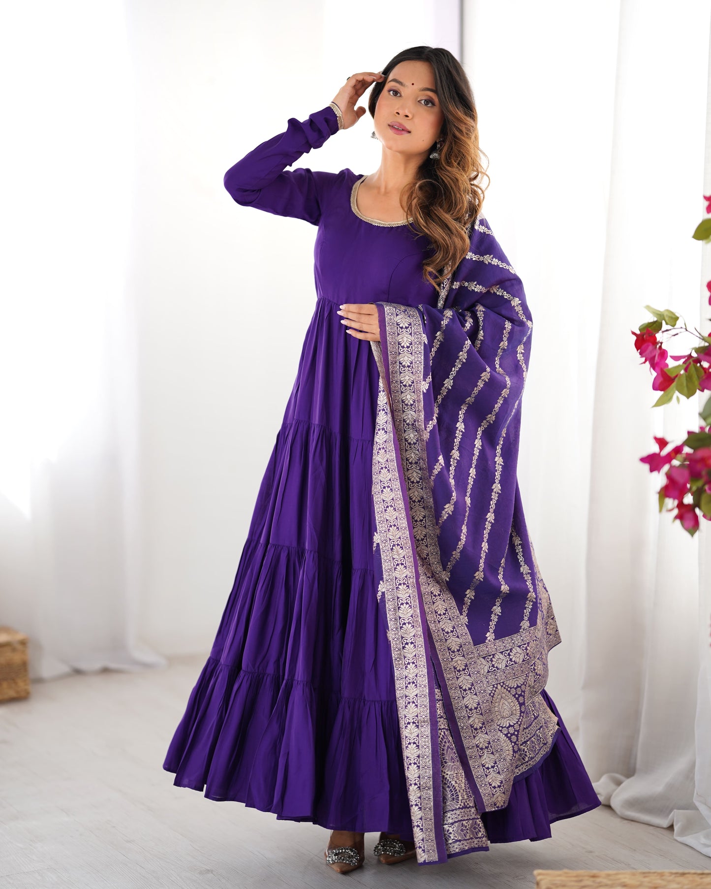 Tiered Anarkali Set in RomanSilk Chanderi with Brocade Dupatta
