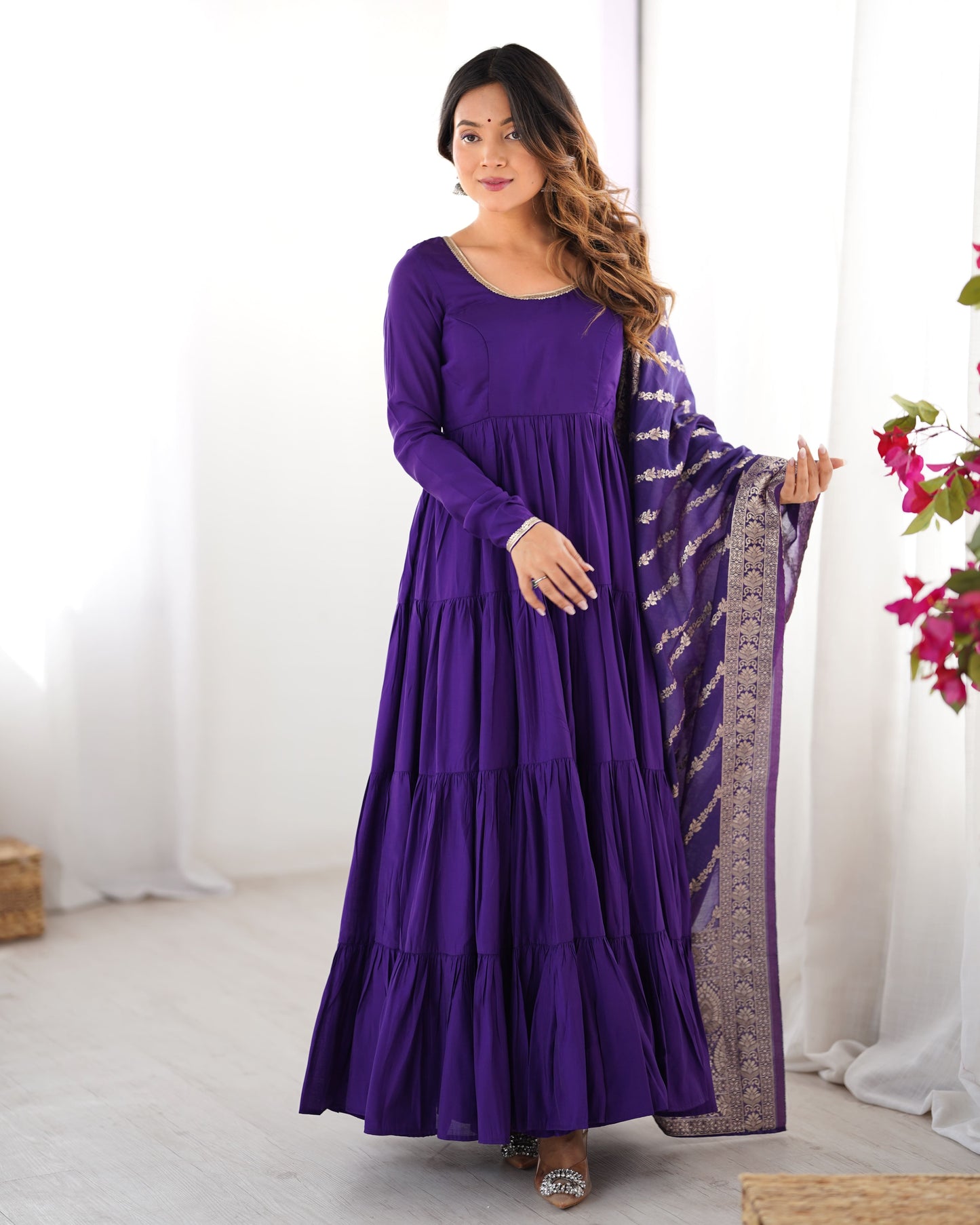 Tiered Anarkali Set in RomanSilk Chanderi with Brocade Dupatta