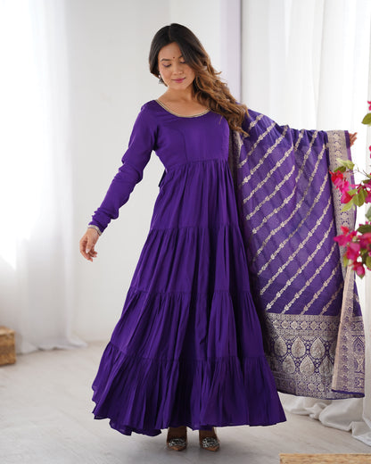 Tiered Anarkali Set in RomanSilk Chanderi with Brocade Dupatta
