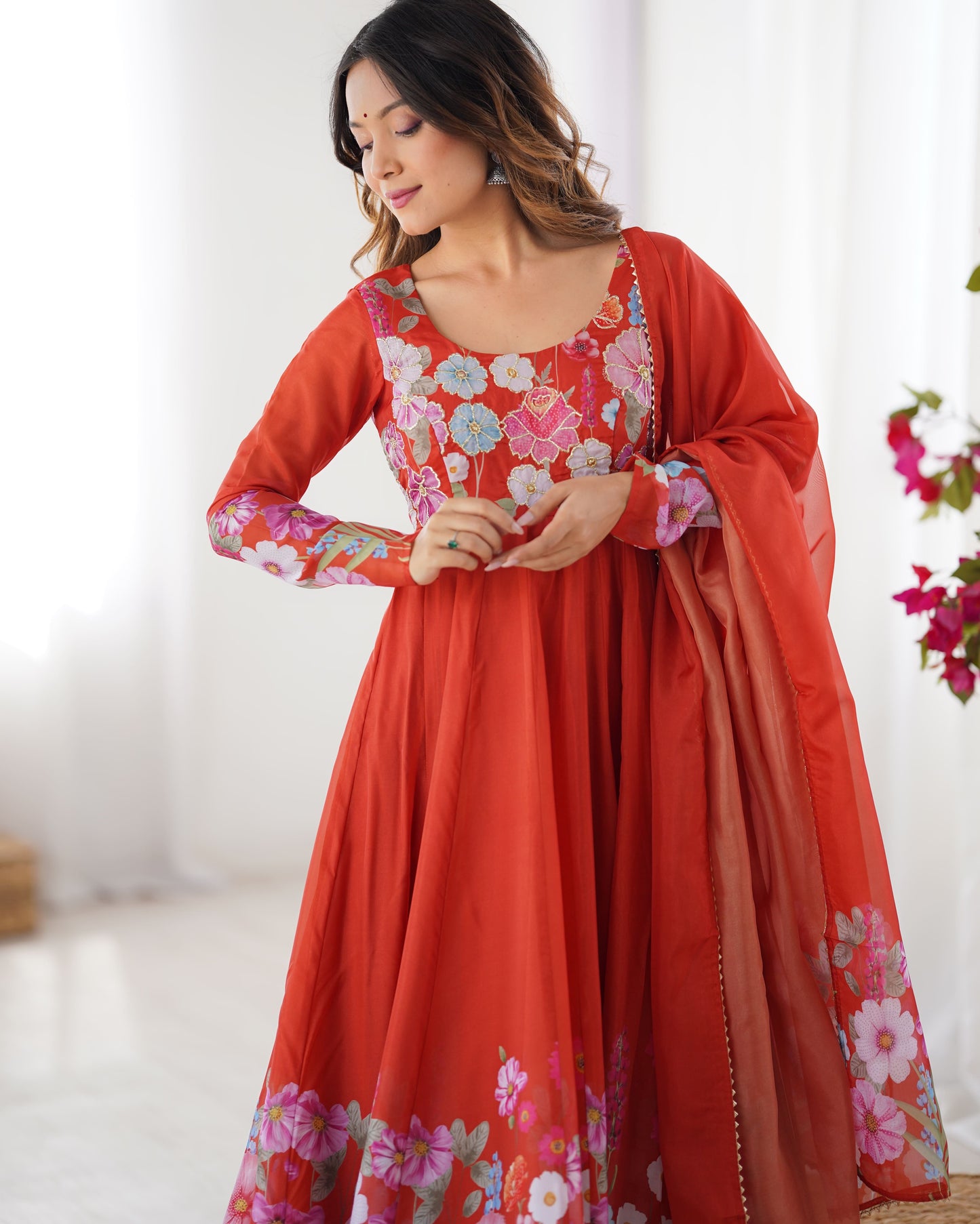 Floral Organza Silk Kali Anarkali Set with Dupatta