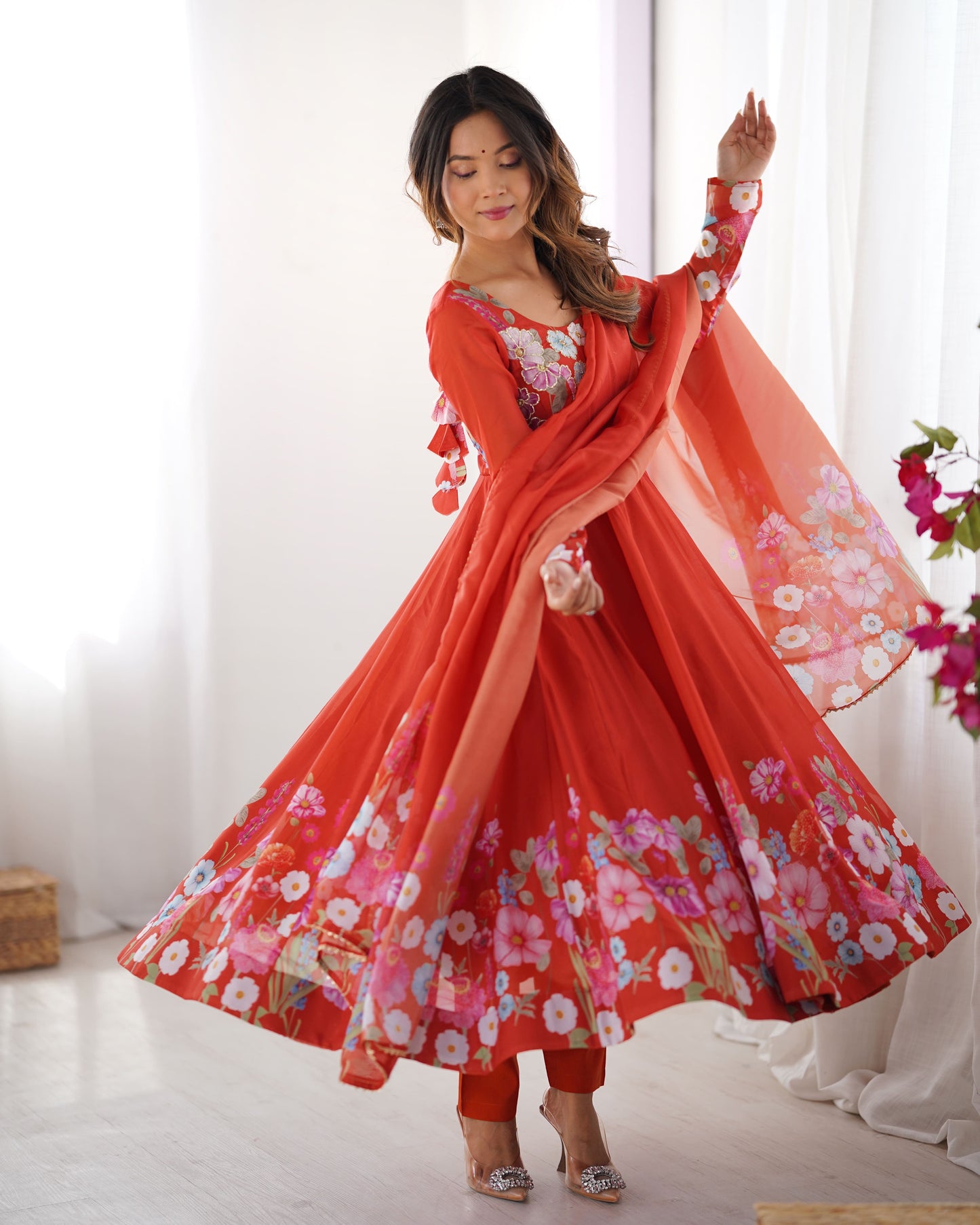Floral Organza Silk Kali Anarkali Set with Dupatta