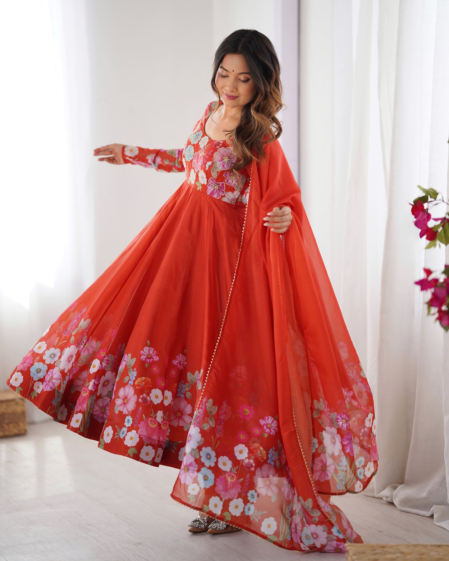 Floral Organza Silk Kali Anarkali Set with Dupatta