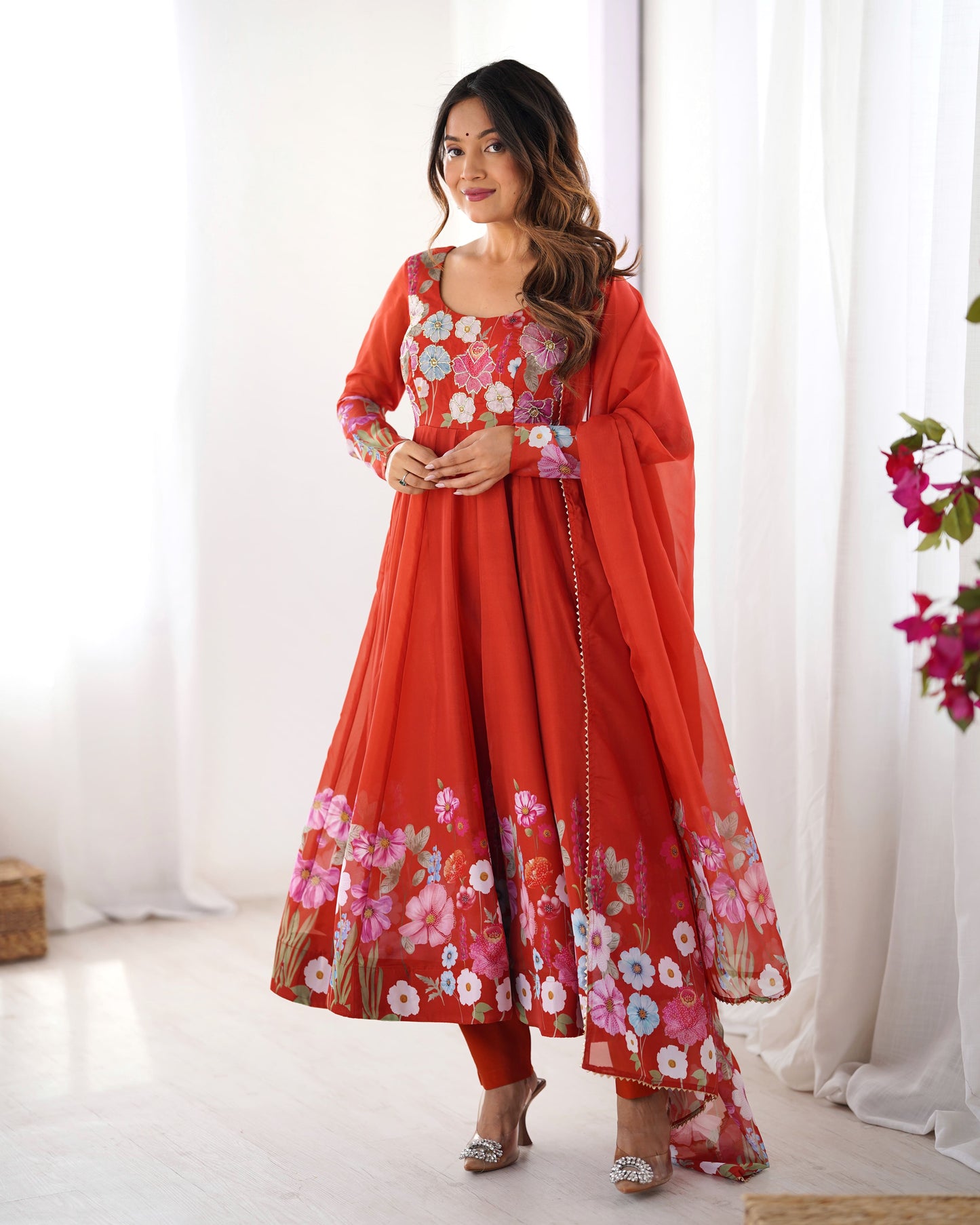 Floral Organza Silk Kali Anarkali Set with Dupatta
