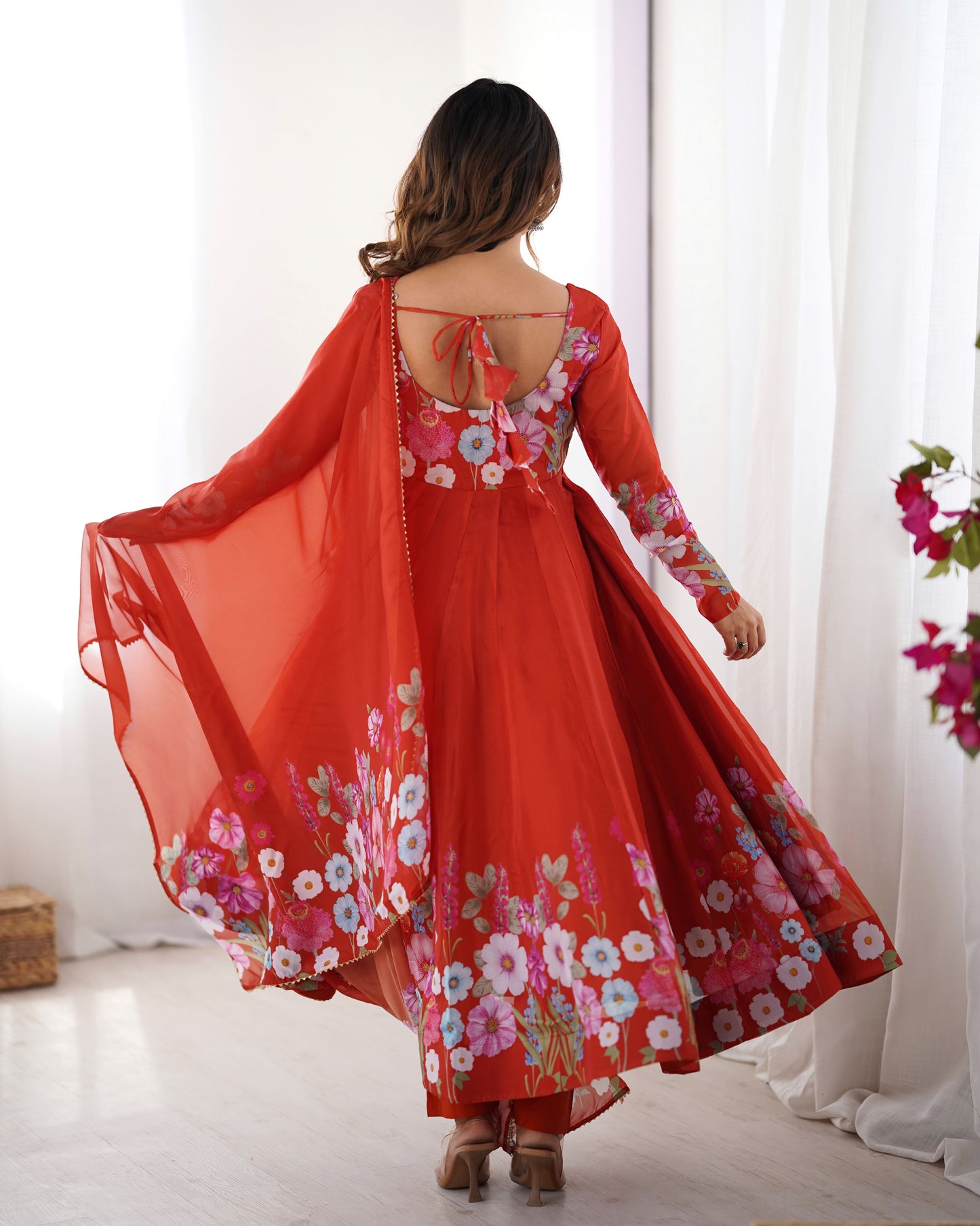 Floral Organza Silk Kali Anarkali Set with Dupatta