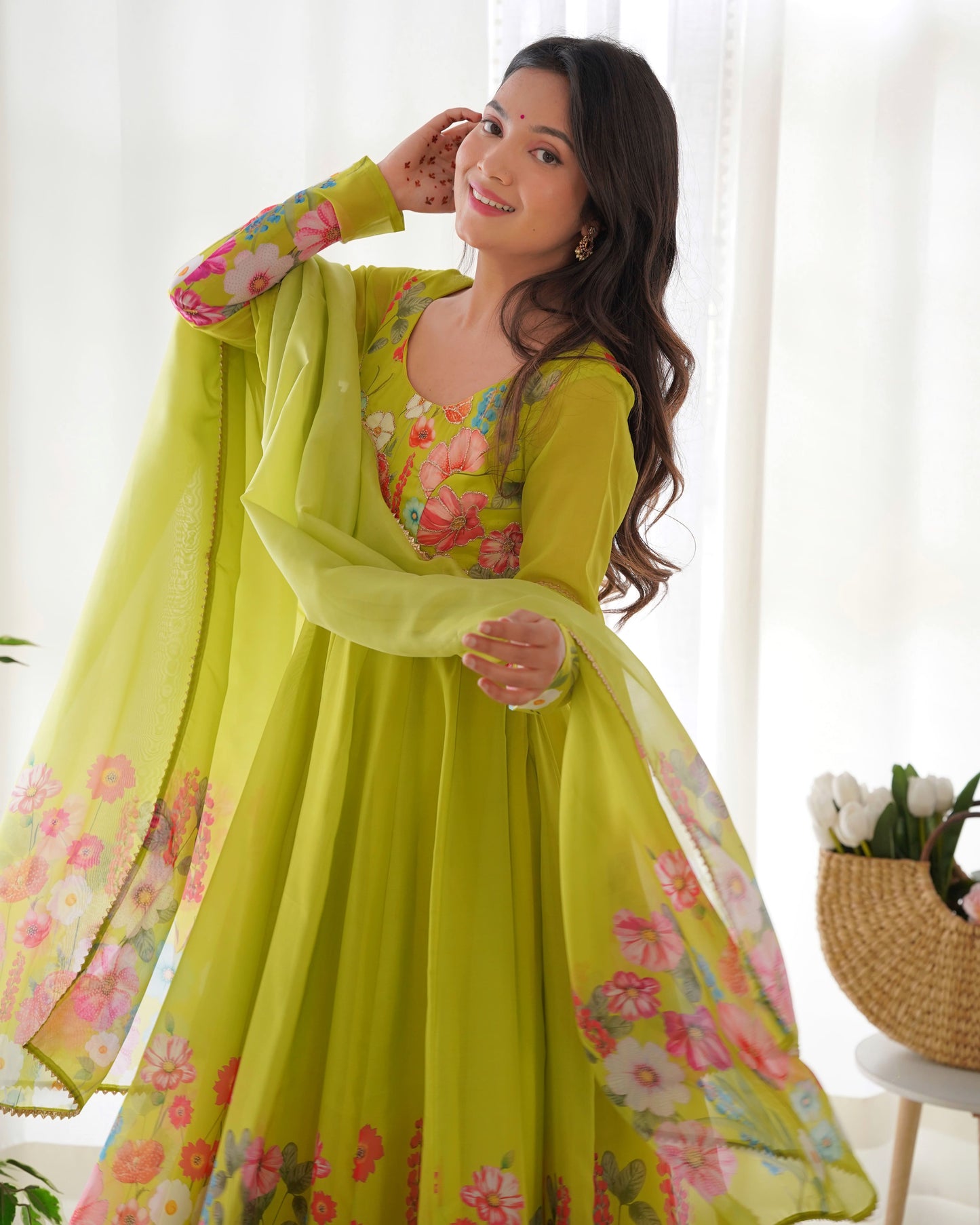 Floral Organza Silk Kali Anarkali Set with Dupatta