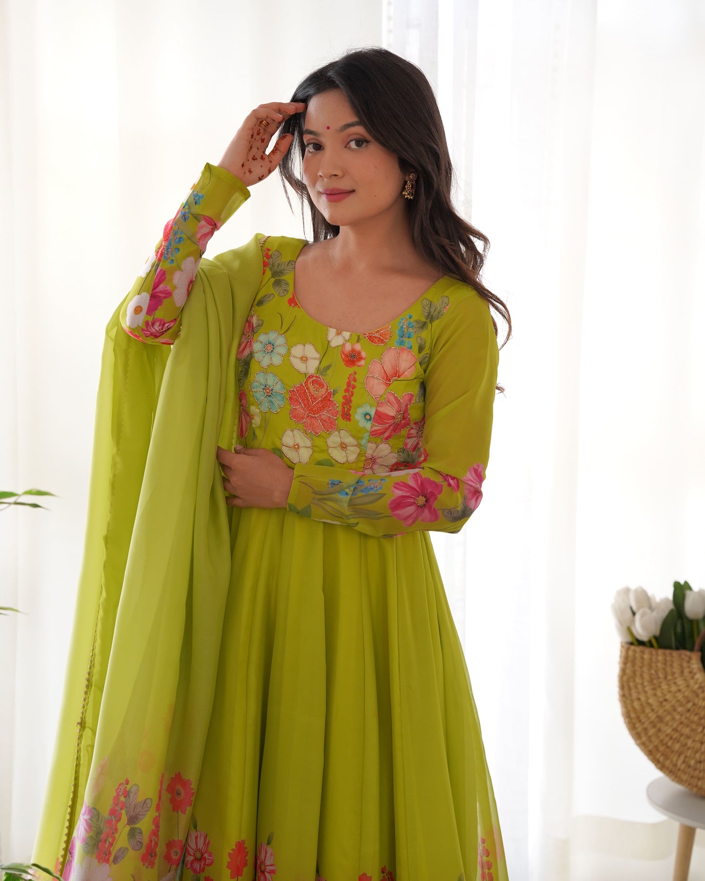 Floral Organza Silk Kali Anarkali Set with Dupatta