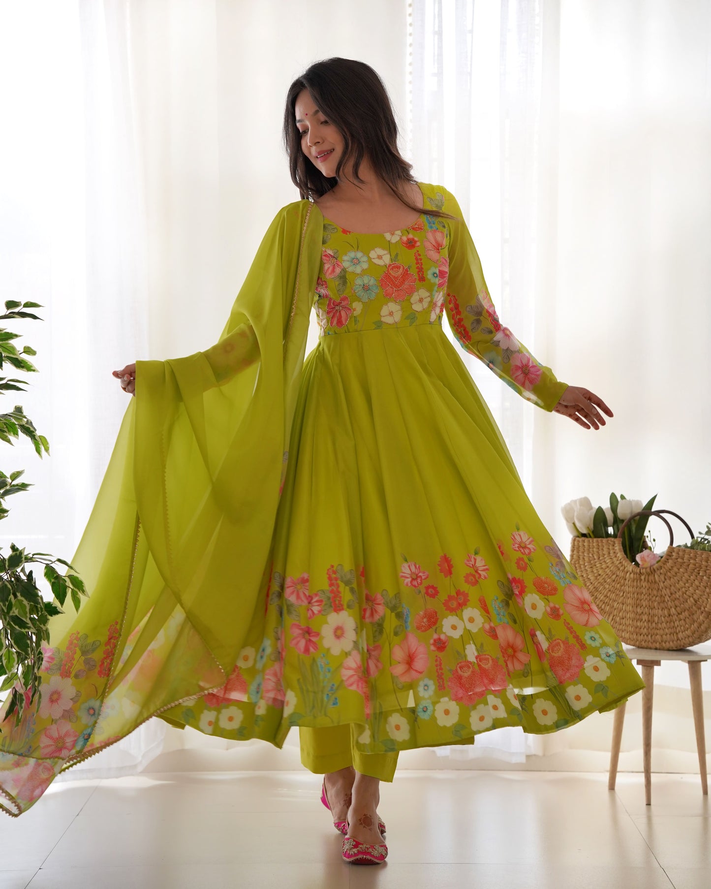 Floral Organza Silk Kali Anarkali Set with Dupatta