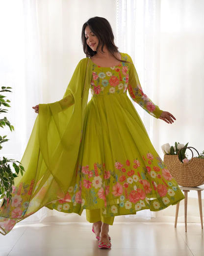 Floral Organza Silk Kali Anarkali Set with Dupatta