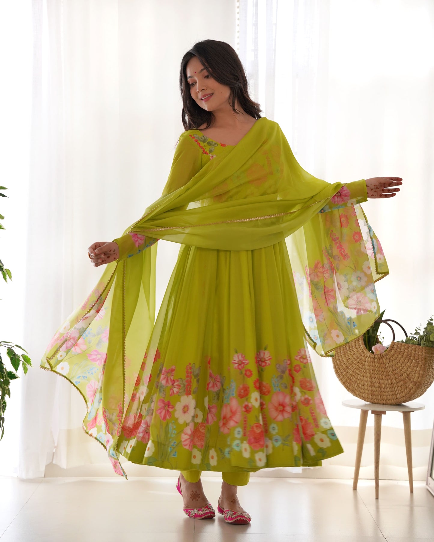 Floral Organza Silk Kali Anarkali Set with Dupatta