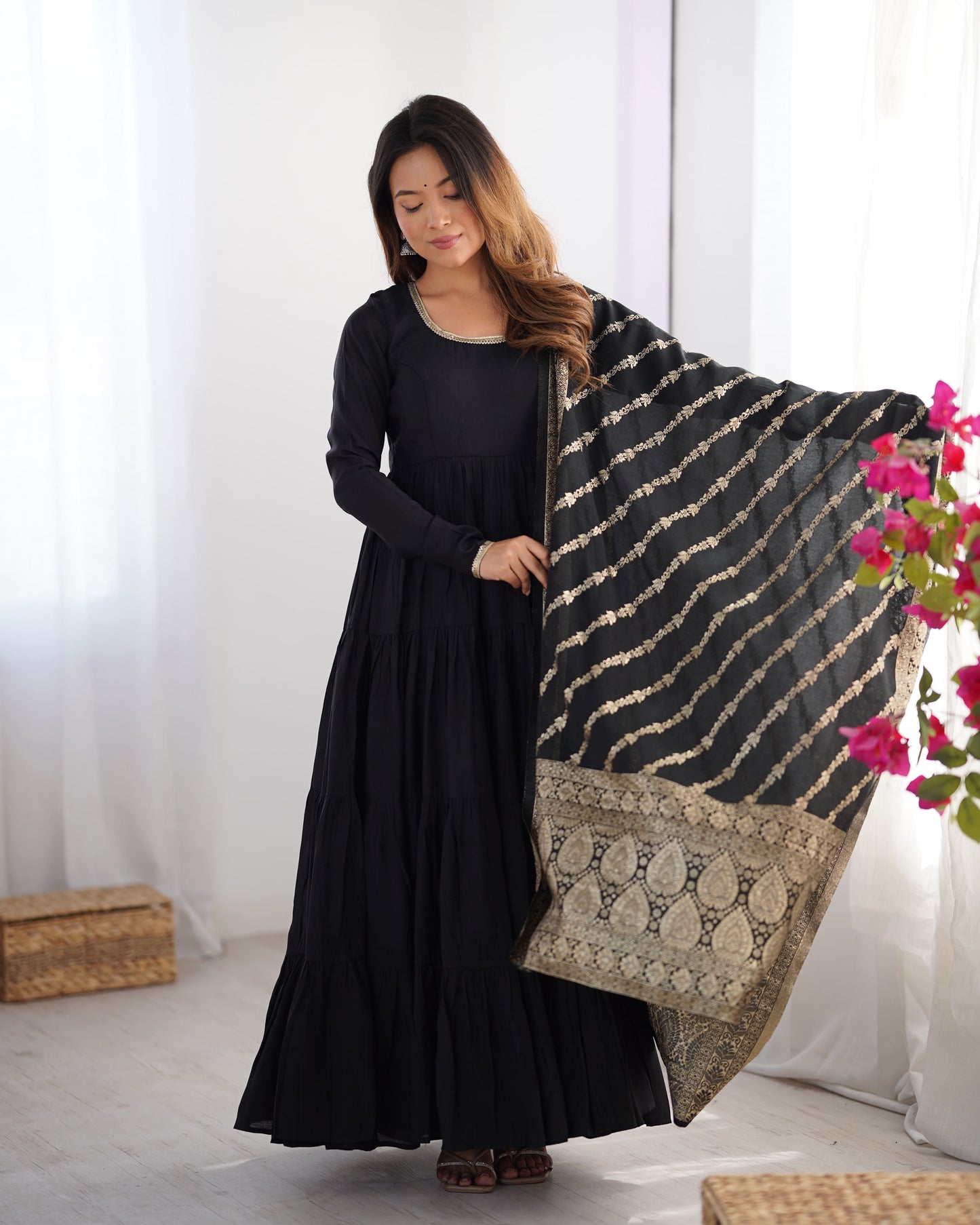 Tiered Anarkali Set in RomanSilk Chanderi with Brocade Dupatta