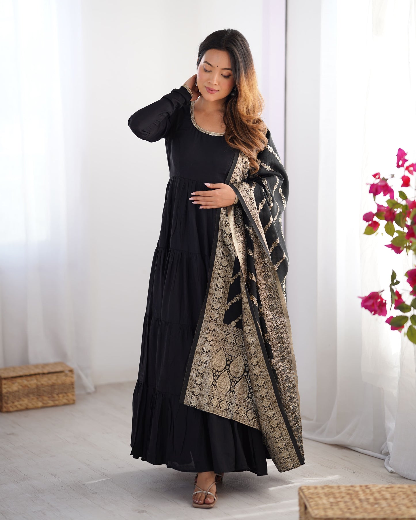 Tiered Anarkali Set in RomanSilk Chanderi with Brocade Dupatta