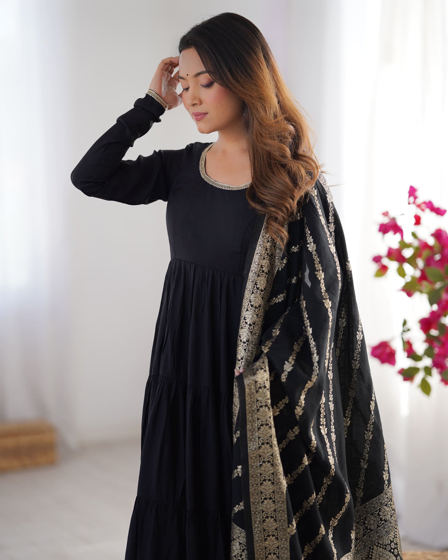 Tiered Anarkali Set in RomanSilk Chanderi with Brocade Dupatta
