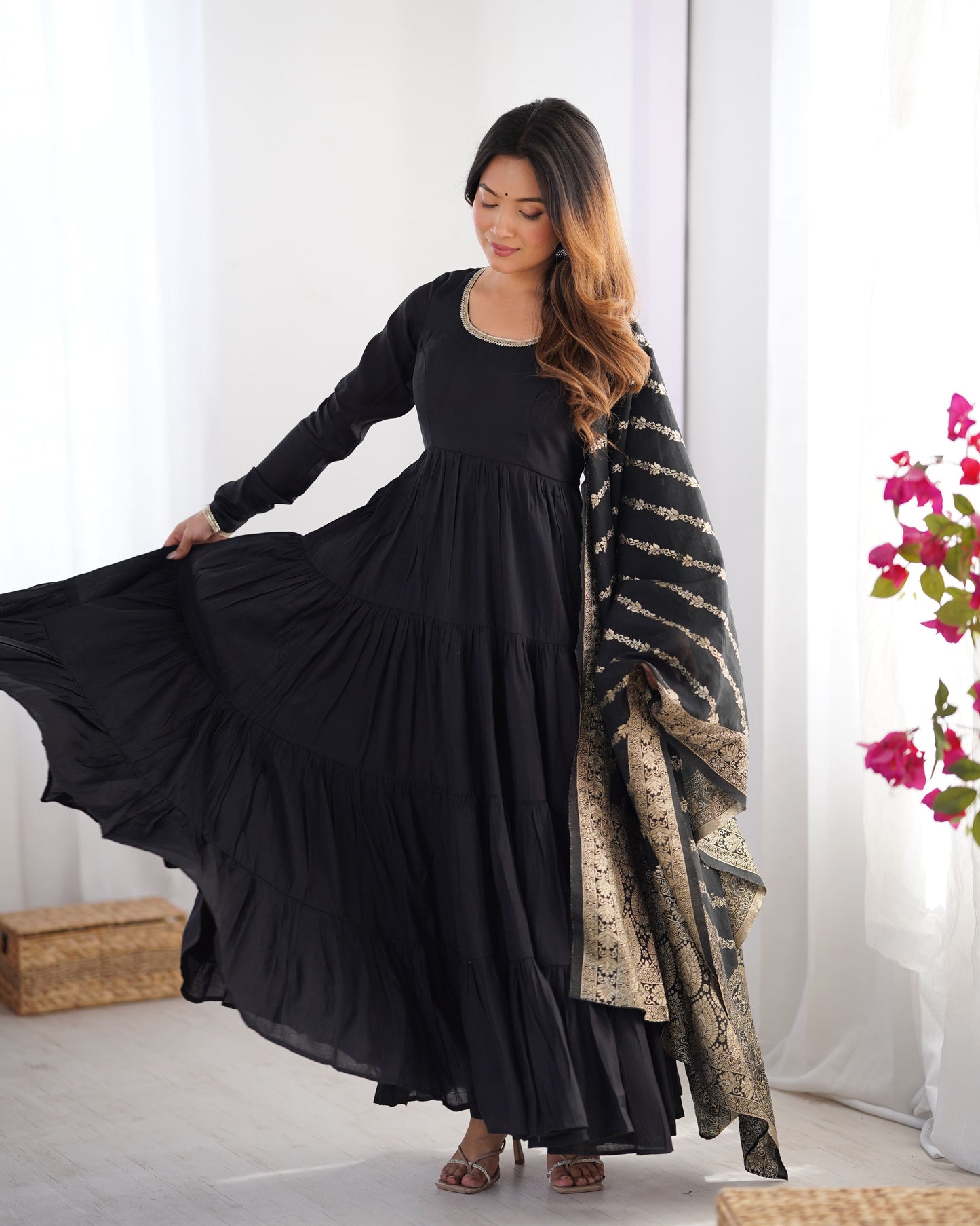 Tiered Anarkali Set in RomanSilk Chanderi with Brocade Dupatta