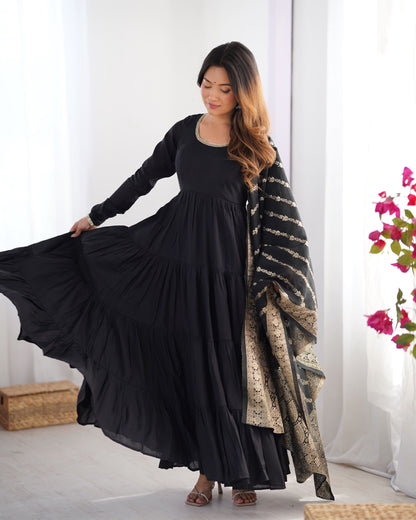 Tiered Anarkali Set in RomanSilk Chanderi with Brocade Dupatta