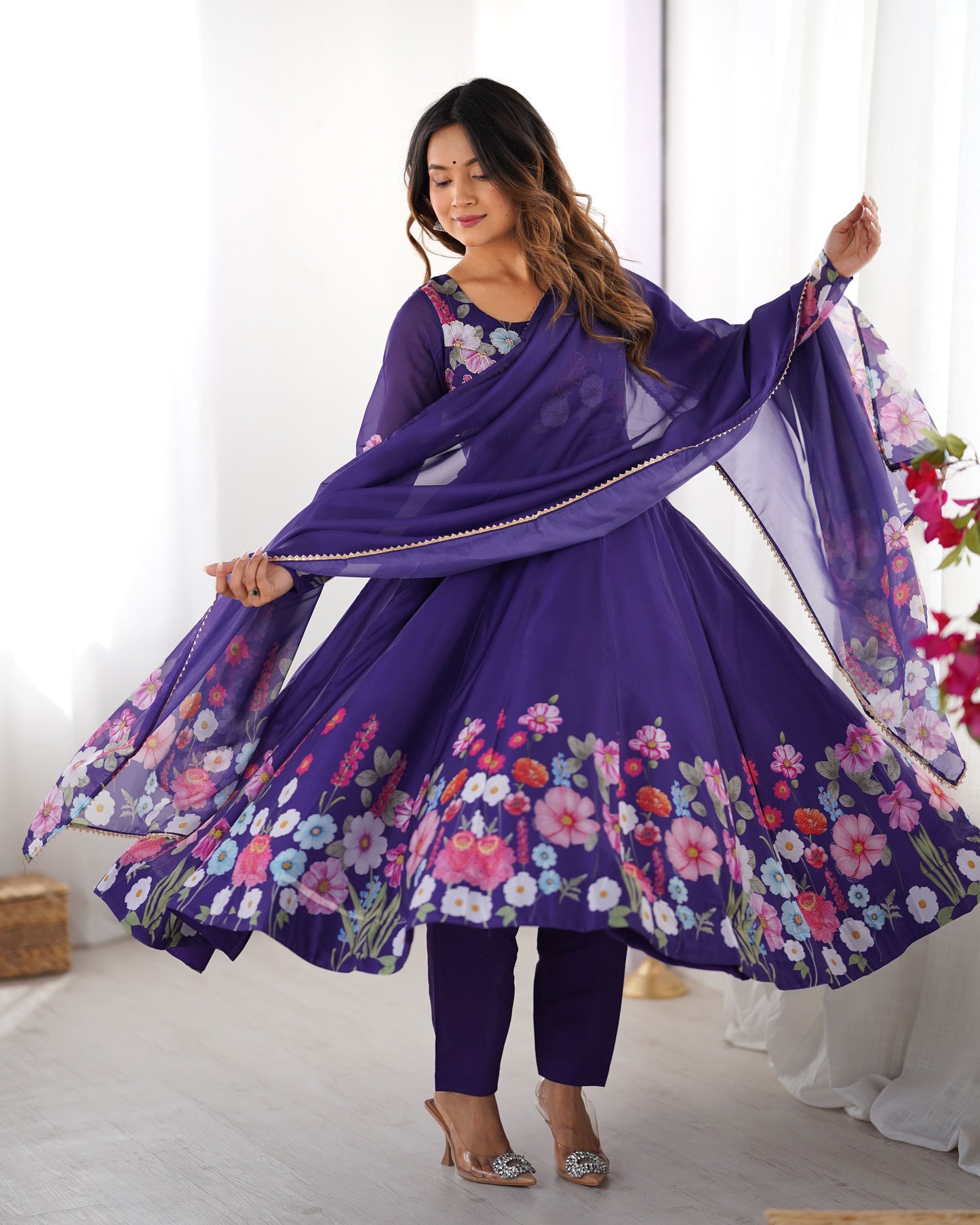Floral Organza Silk Kali Anarkali Set with Dupatta