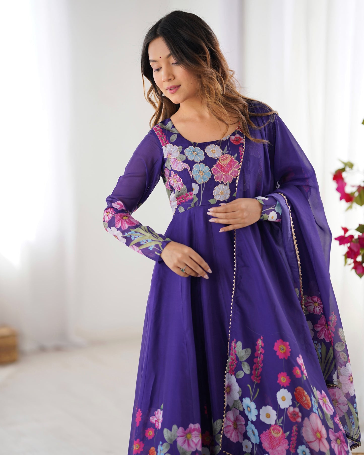 Floral Organza Silk Kali Anarkali Set with Dupatta