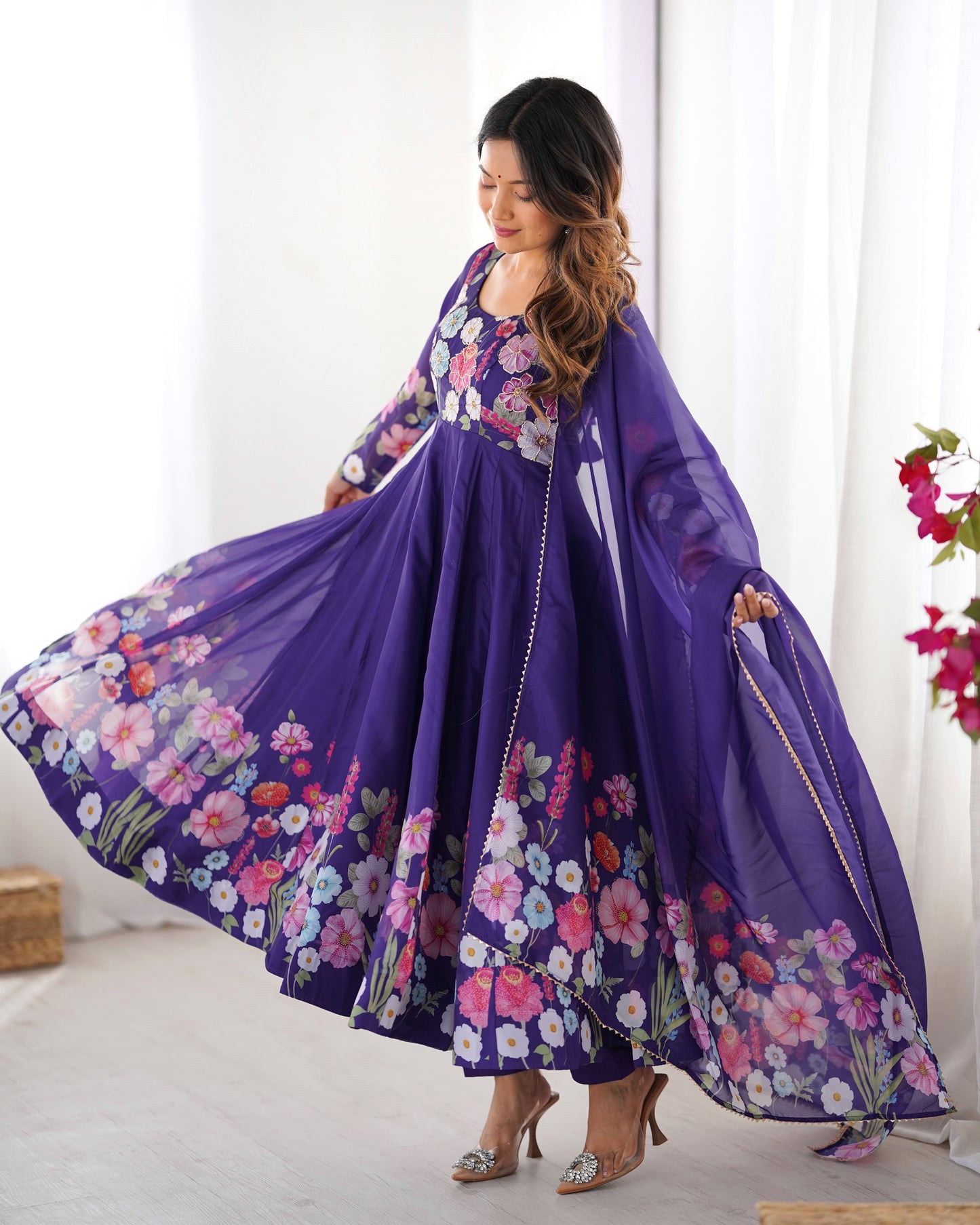 Floral Organza Silk Kali Anarkali Set with Dupatta