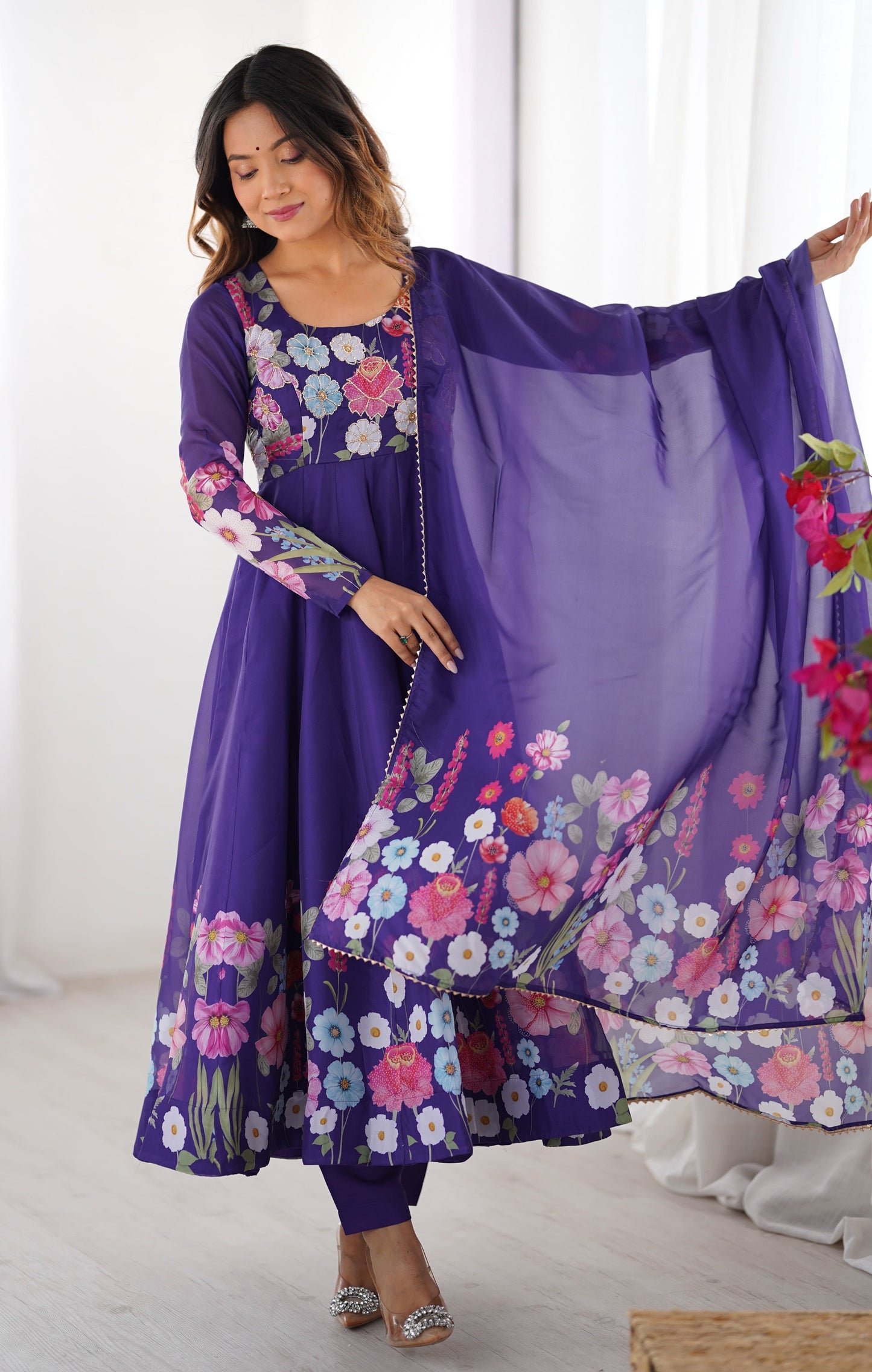 Floral Organza Silk Kali Anarkali Set with Dupatta