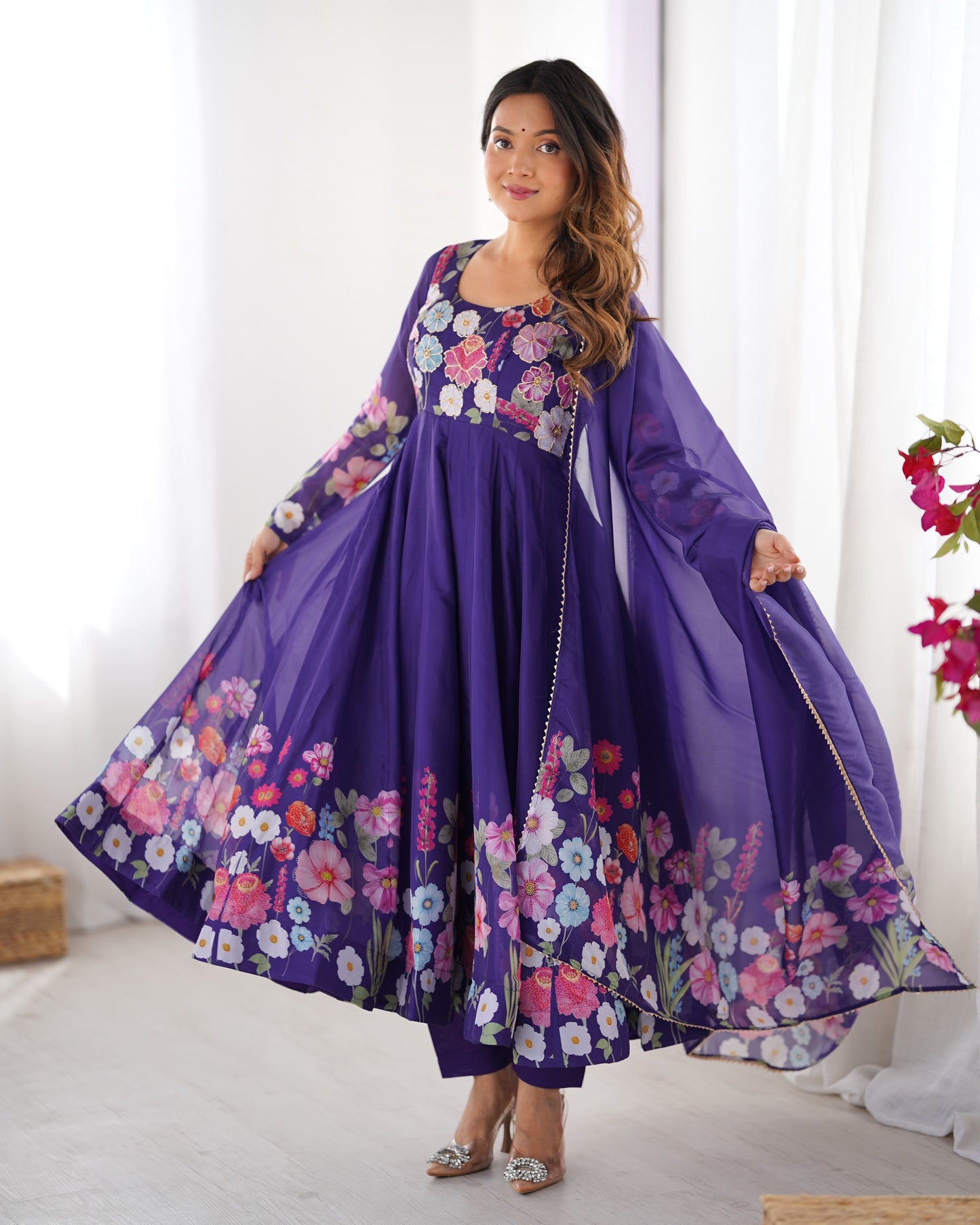 Floral Organza Silk Kali Anarkali Set with Dupatta