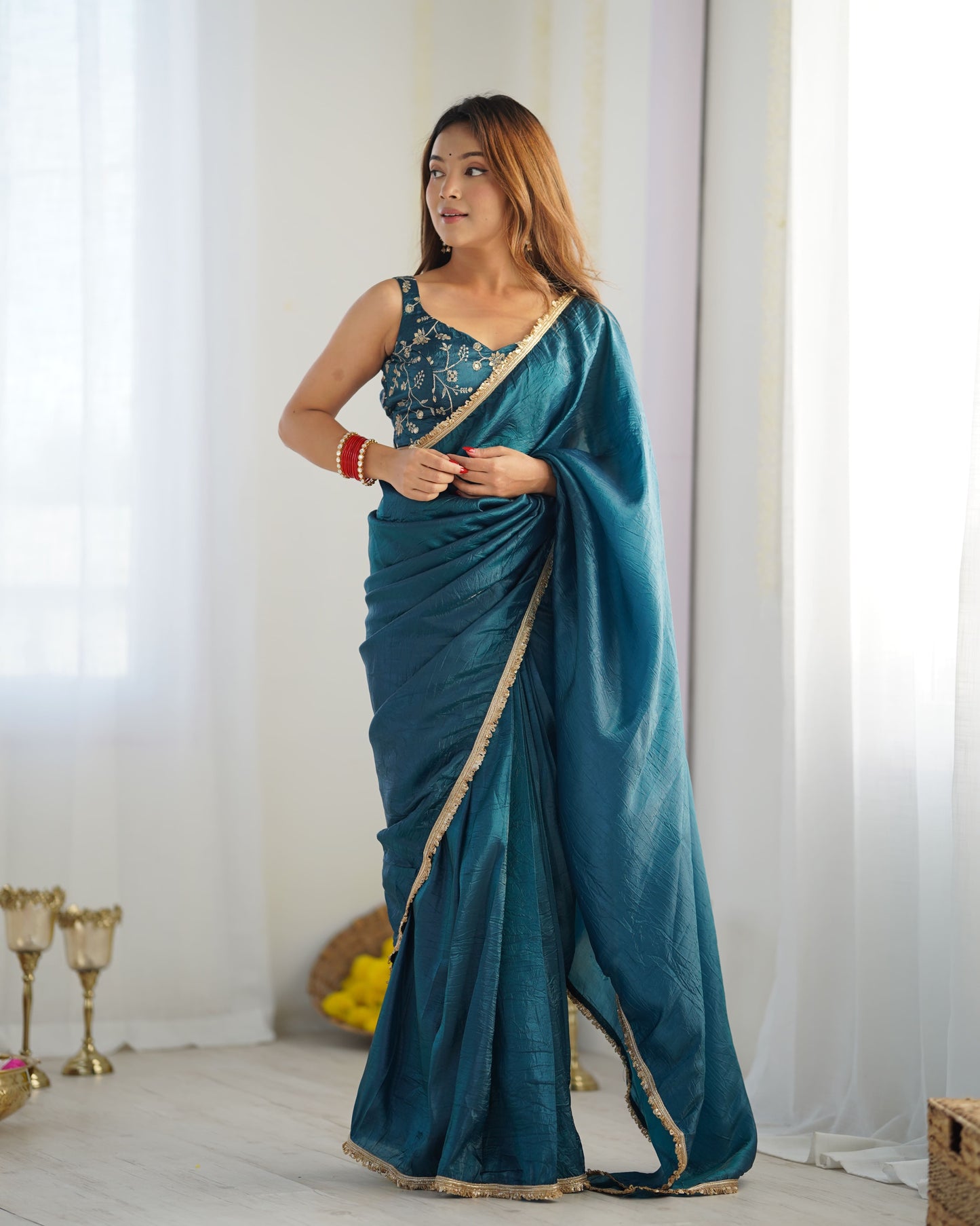 Golden Glow Crushed Tissue Silk Ready-to-Wear Saree