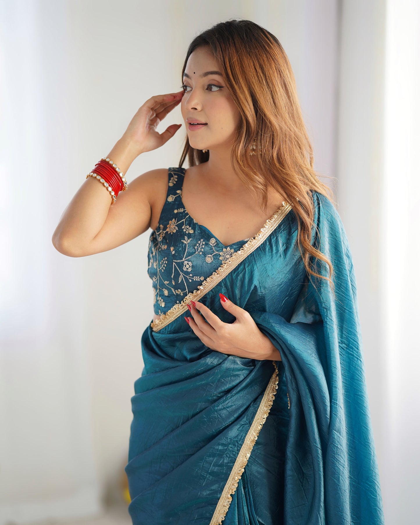 Golden Glow Crushed Tissue Silk Ready-to-Wear Saree