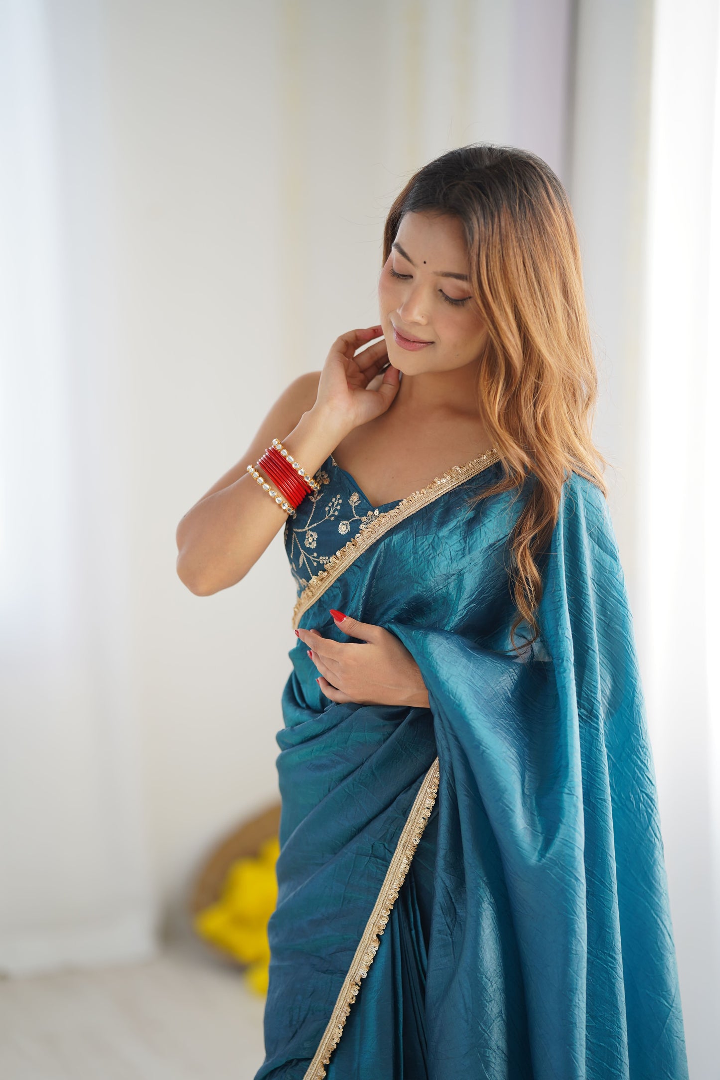 Golden Glow Crushed Tissue Silk Ready-to-Wear Saree