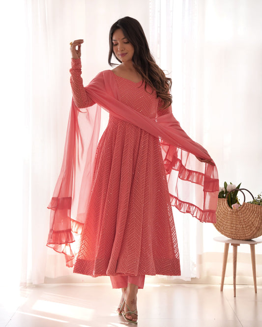 Fully Flared Kali Kurti with Ruffle Dupatta and Ready-to-Wear Pant