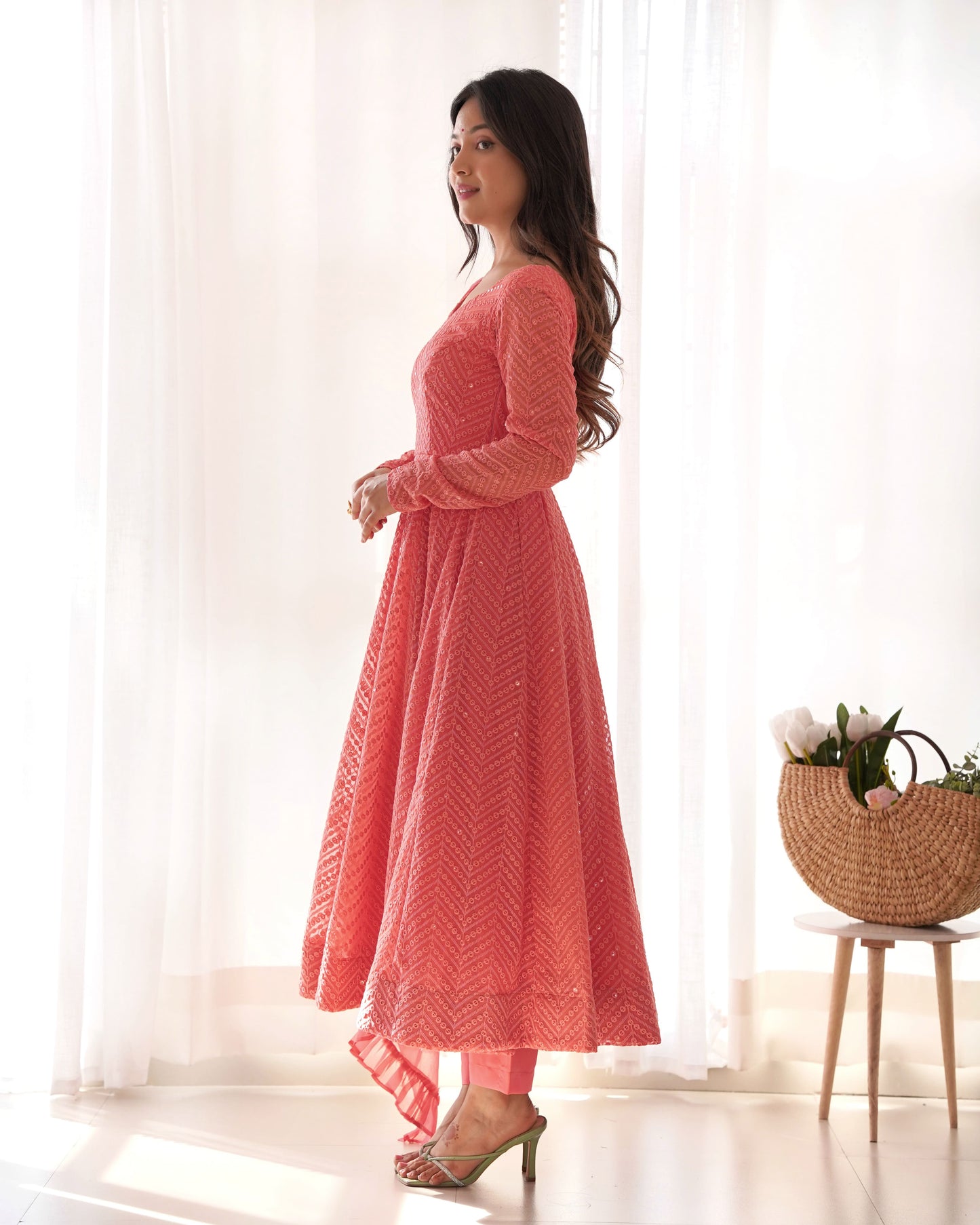 Fully Flared Kali Kurti with Ruffle Dupatta and Ready-to-Wear Pant