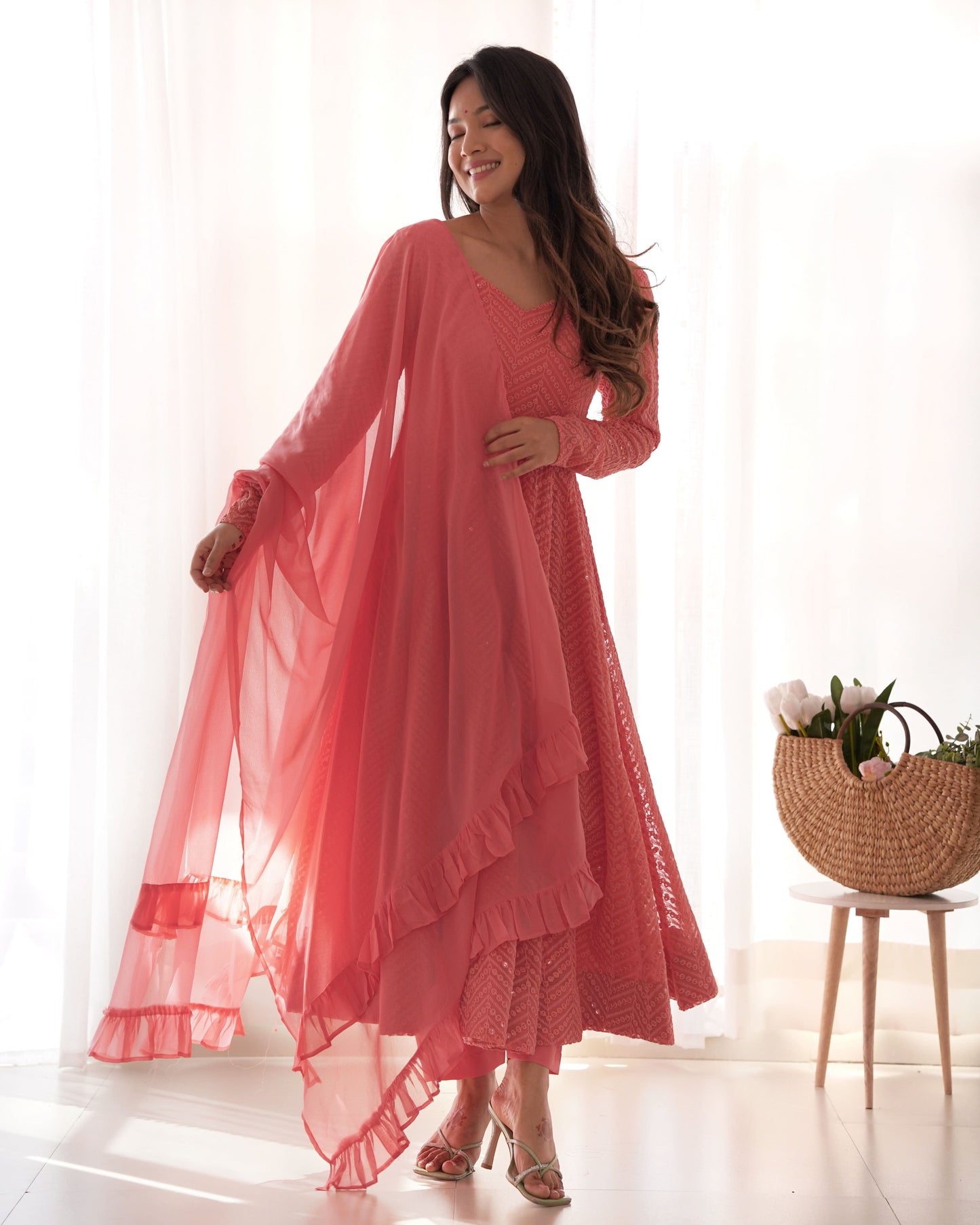 Fully Flared Kali Kurti with Ruffle Dupatta and Ready-to-Wear Pant