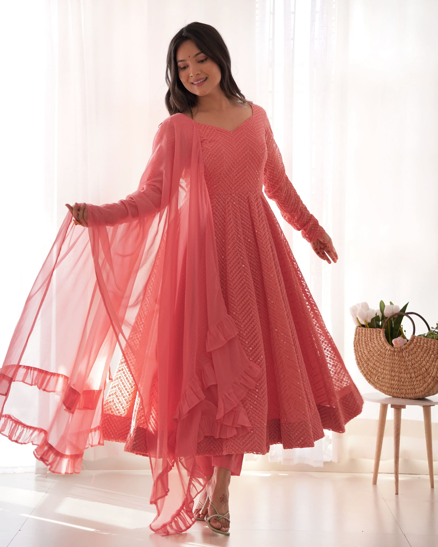Fully Flared Kali Kurti with Ruffle Dupatta and Ready-to-Wear Pant
