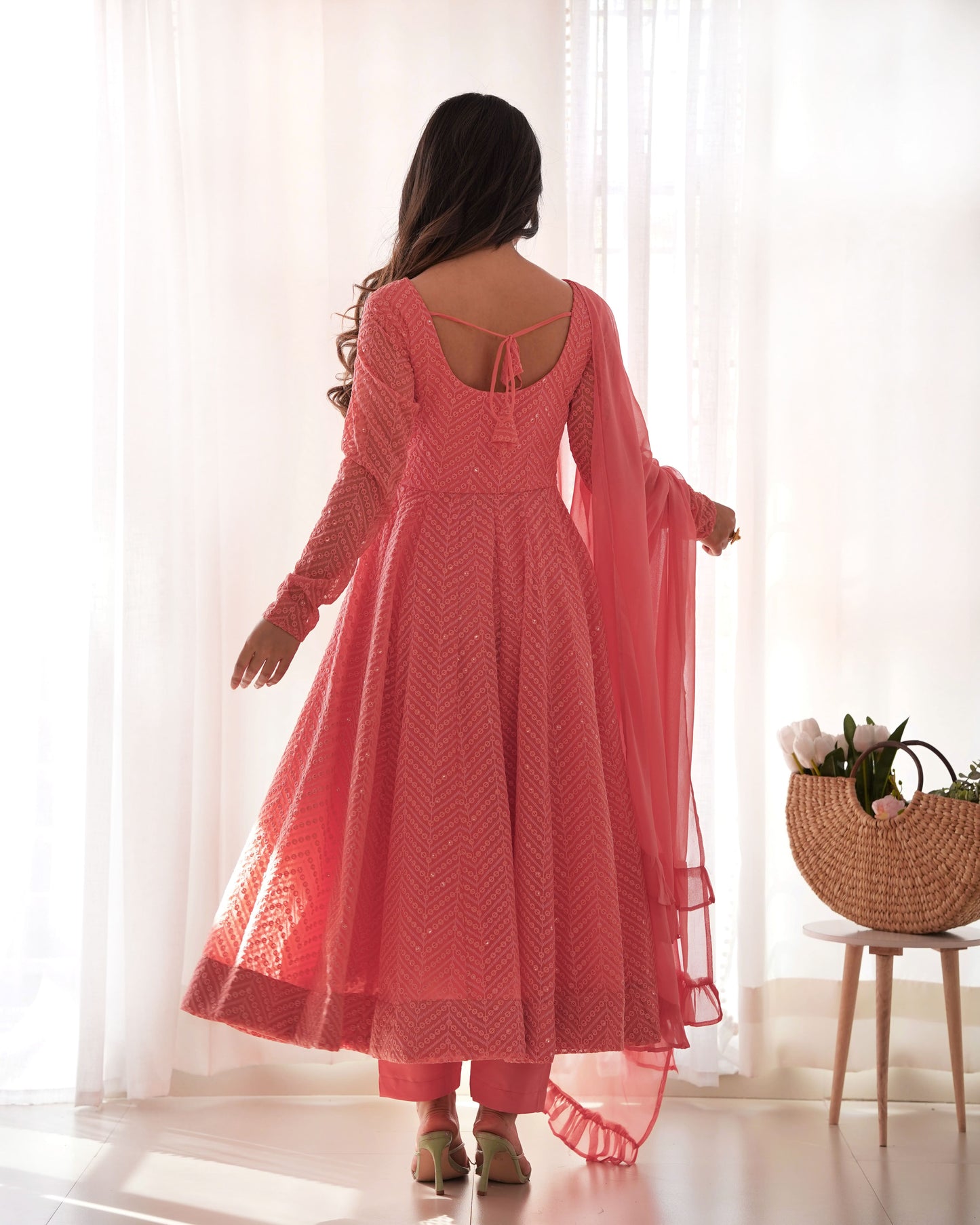 Fully Flared Kali Kurti with Ruffle Dupatta and Ready-to-Wear Pant