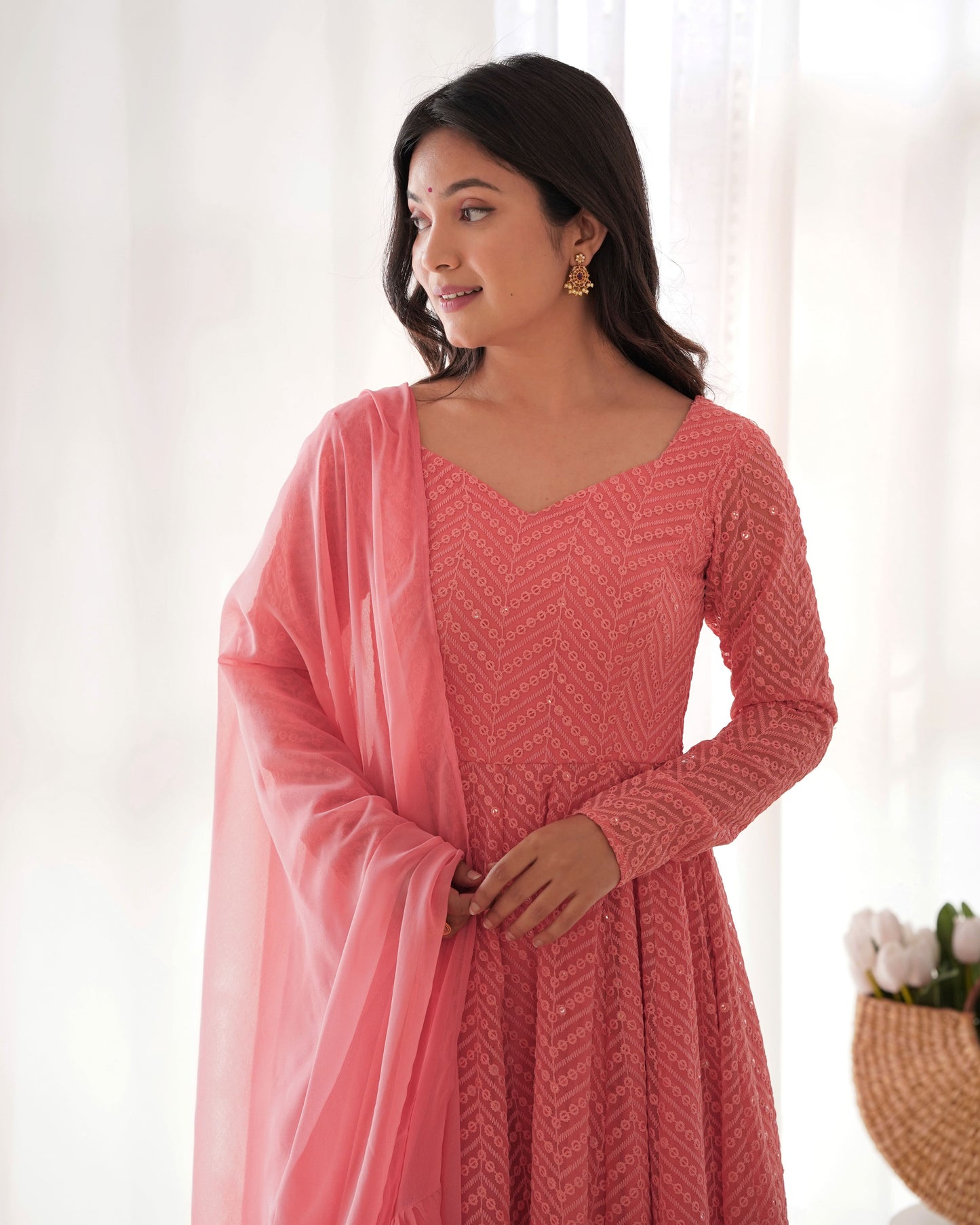 Fully Flared Kali Kurti with Ruffle Dupatta and Ready-to-Wear Pant