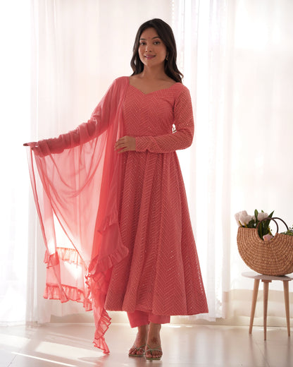 Fully Flared Kali Kurti with Ruffle Dupatta and Ready-to-Wear Pant